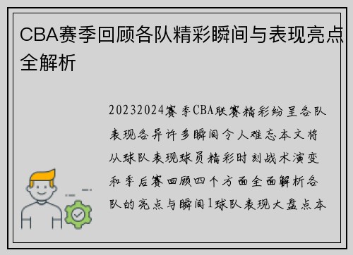 CBA赛季回顾各队精彩瞬间与表现亮点全解析
