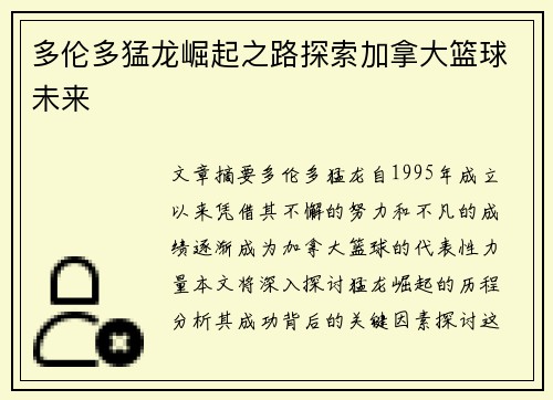 多伦多猛龙崛起之路探索加拿大篮球未来